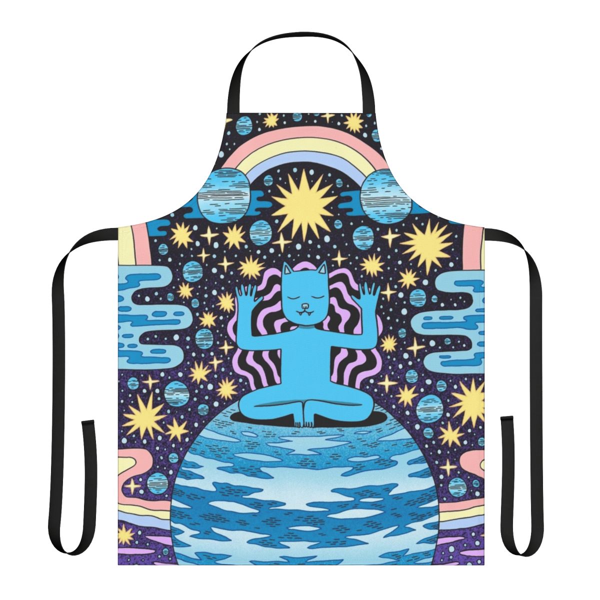 A blue apron with a cosmic, starry design for relaxation and mindfulness.