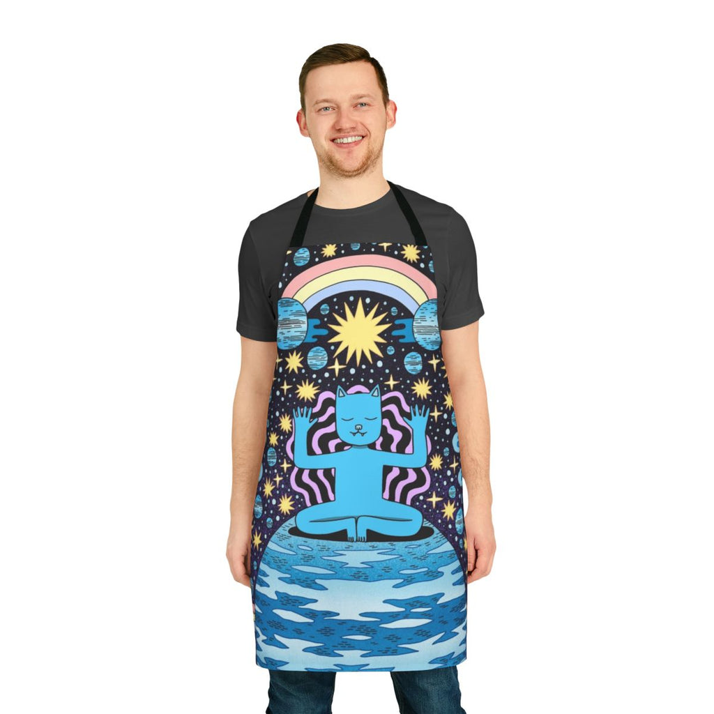 A blue apron with a cosmic, starry design for relaxation and mindfulness.