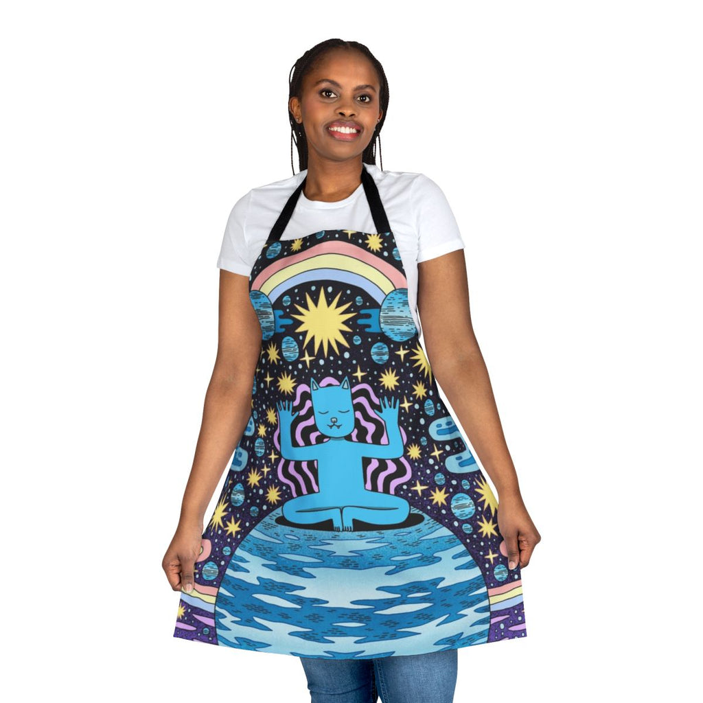 A blue apron with a cosmic, starry design for relaxation and mindfulness.