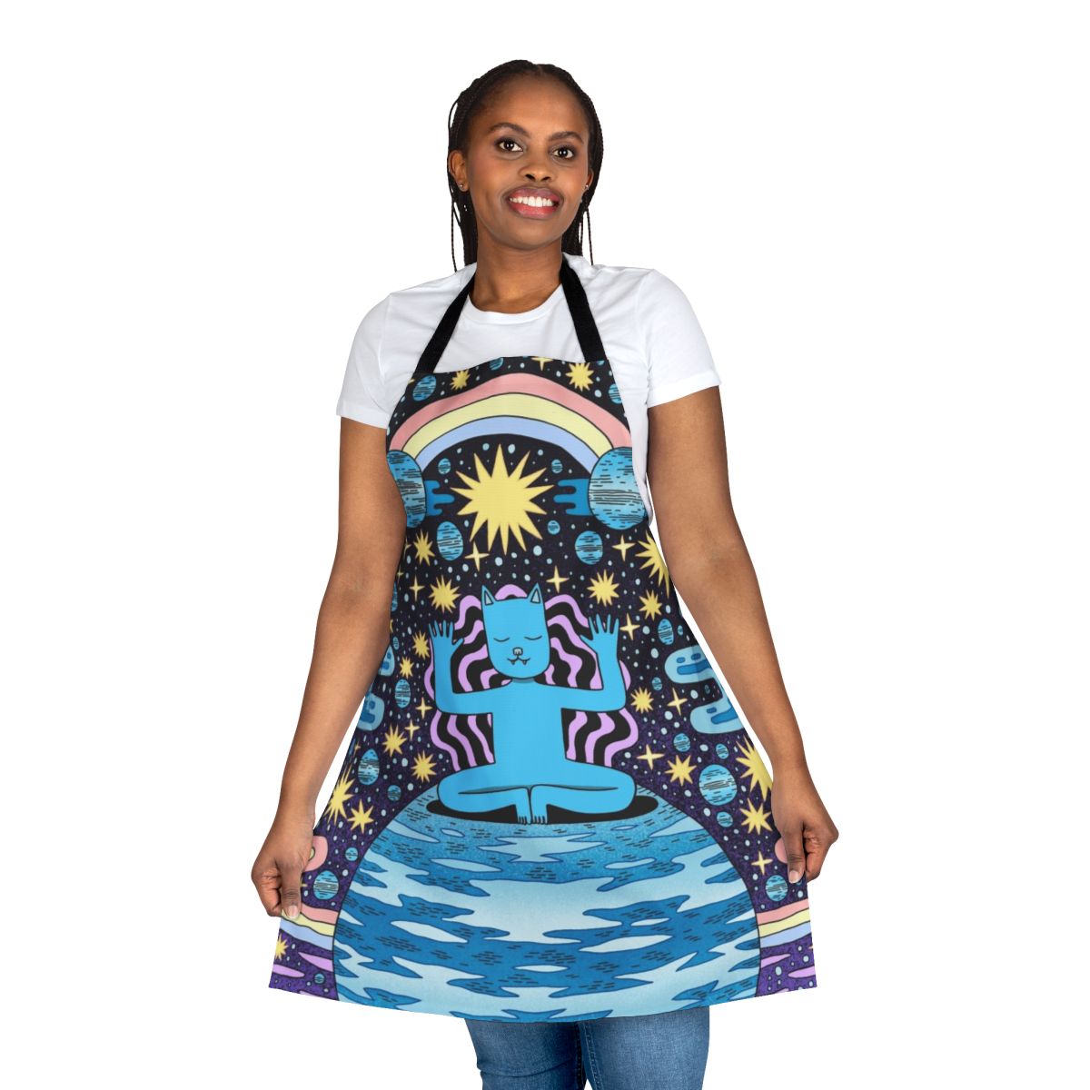 A blue apron with a cosmic, starry design for relaxation and mindfulness.