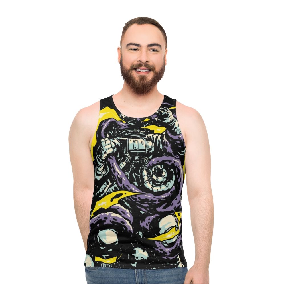Unisex space trap tank top with cosmic design
