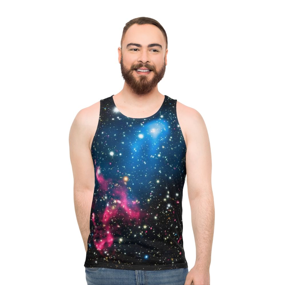 Unisex galaxy tank top featuring colliding galaxies in space