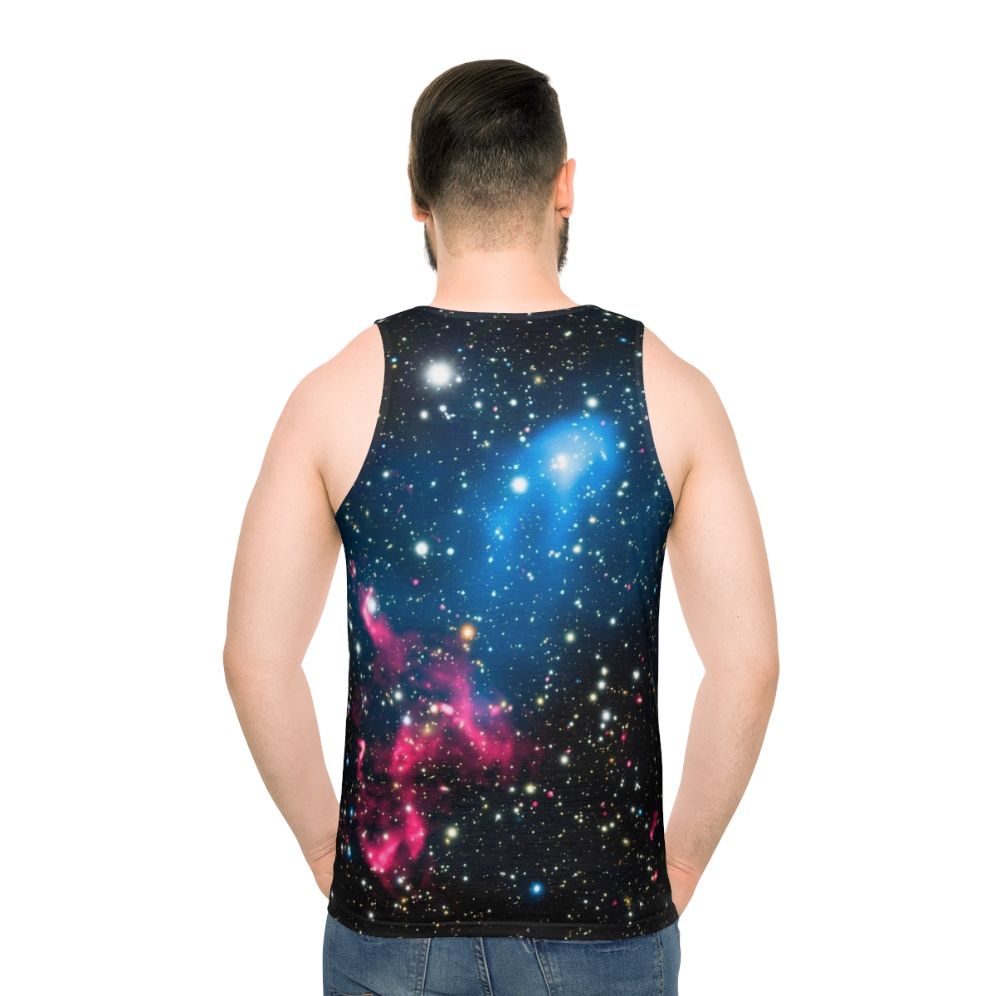 Unisex galaxy tank top featuring colliding galaxies in space