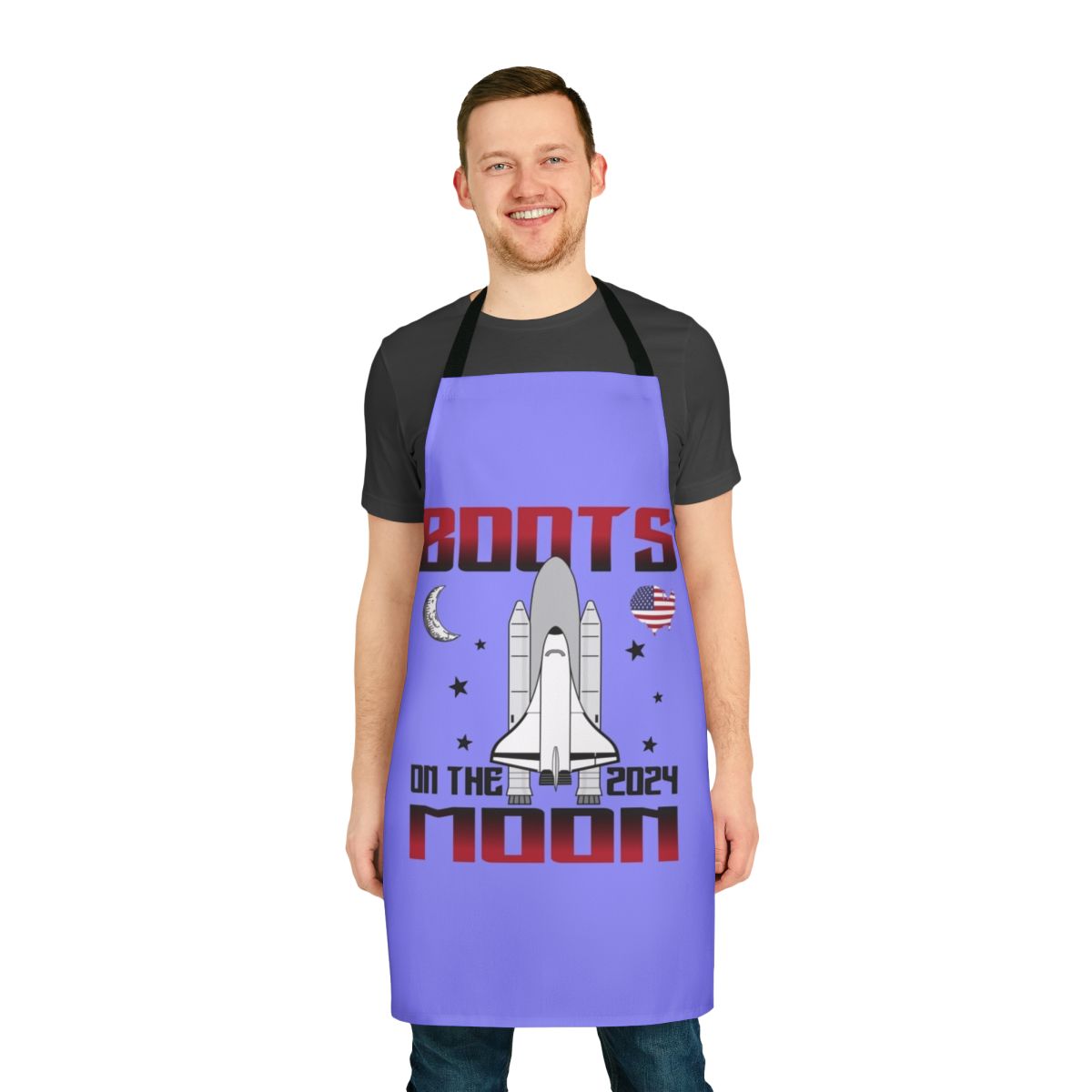 Apron featuring a humorous space-themed design with astronaut boots on the moon
