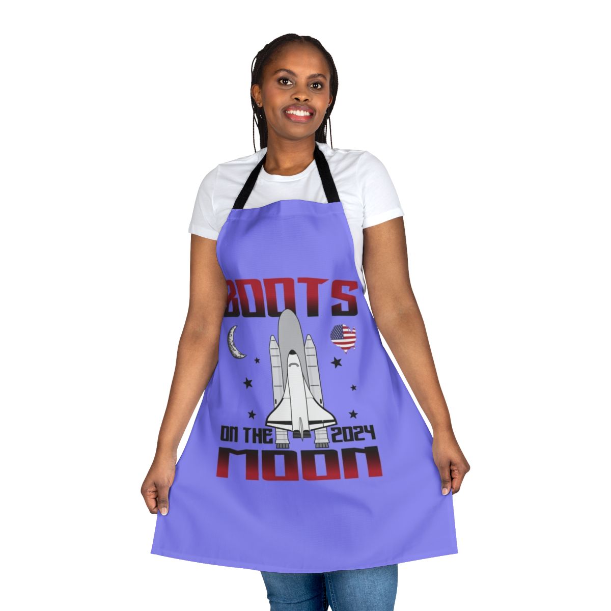 Apron featuring a humorous space-themed design with astronaut boots on the moon