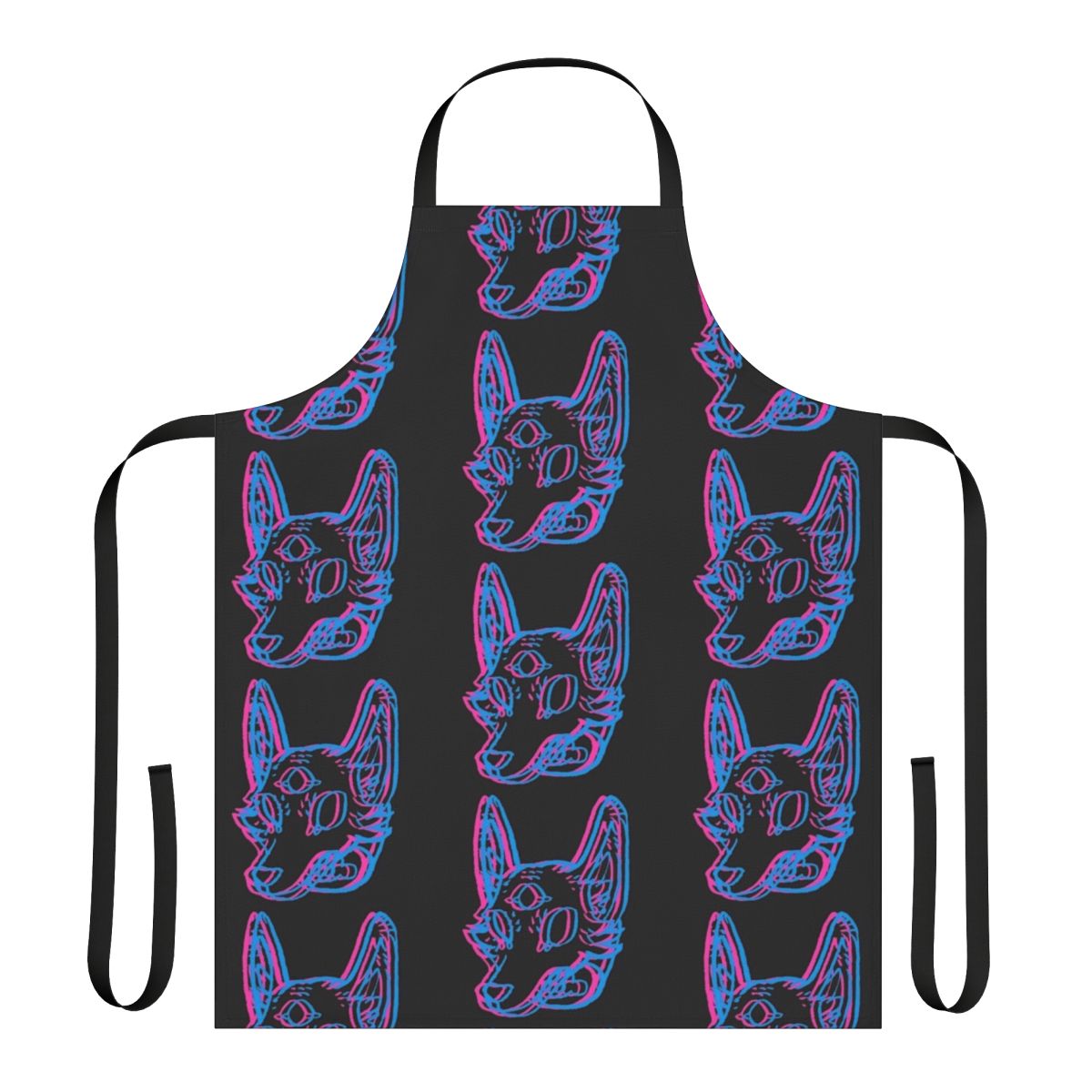 3D illustration of a cosmic, neon-colored coyote or wolf-like creature on an apron