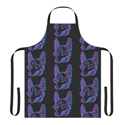 3D illustration of a cosmic, neon-colored coyote or wolf-like creature on an apron