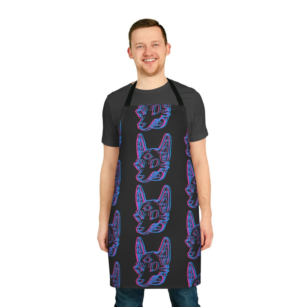 3D illustration of a cosmic, neon-colored coyote or wolf-like creature on an apron