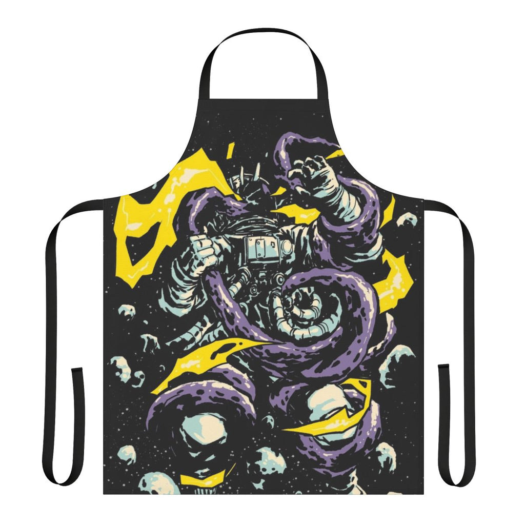Illustration of a space-themed apron featuring a cosmic creature, such as an astronaut, octopus, or alien, in a digital carbine style.