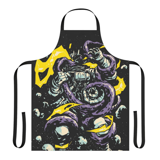 Illustration of a space-themed apron featuring a cosmic creature, such as an astronaut, octopus, or alien, in a digital carbine style.