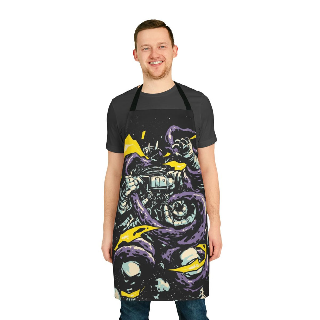 Illustration of a space-themed apron featuring a cosmic creature, such as an astronaut, octopus, or alien, in a digital carbine style.