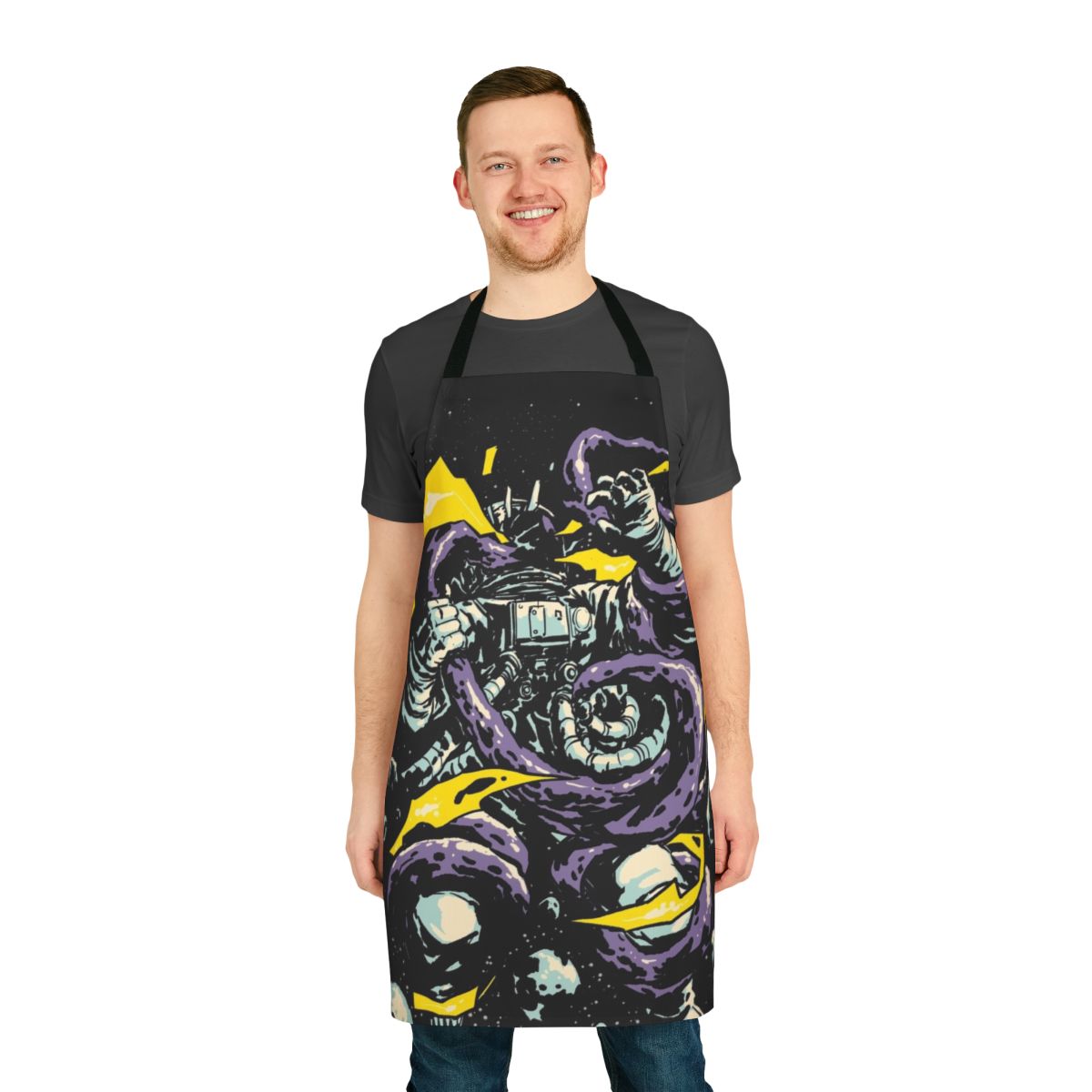 Illustration of a space-themed apron featuring a cosmic creature, such as an astronaut, octopus, or alien, in a digital carbine style.