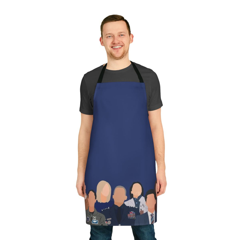 Stylish space-themed apron with "Cosmic Crew" design
