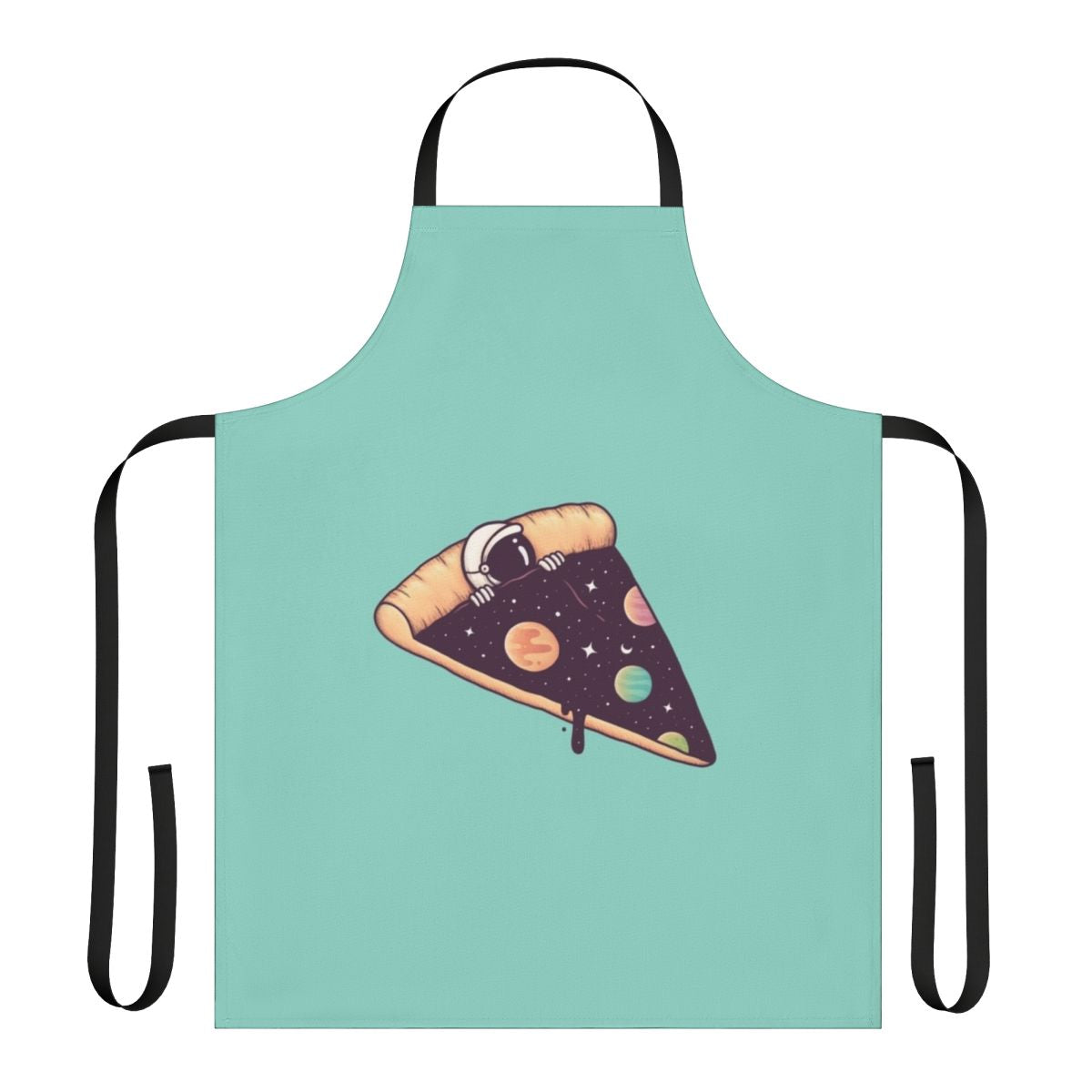 Astronaut-themed apron with planets, stars, and a surreal pizza design