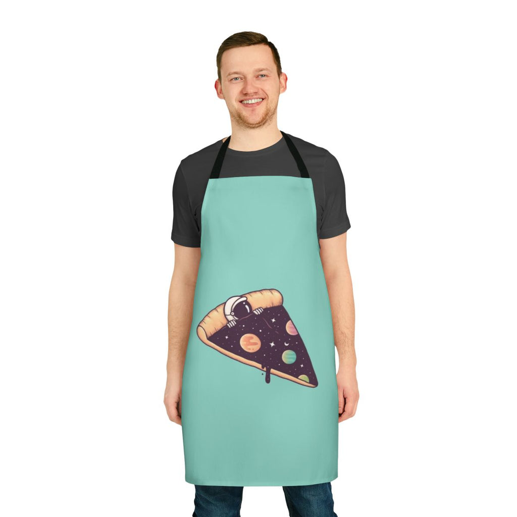 Astronaut-themed apron with planets, stars, and a surreal pizza design