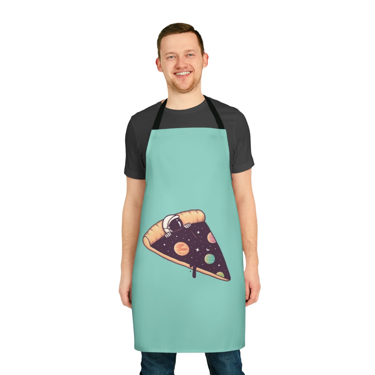 Astronaut-themed apron with planets, stars, and a surreal pizza design