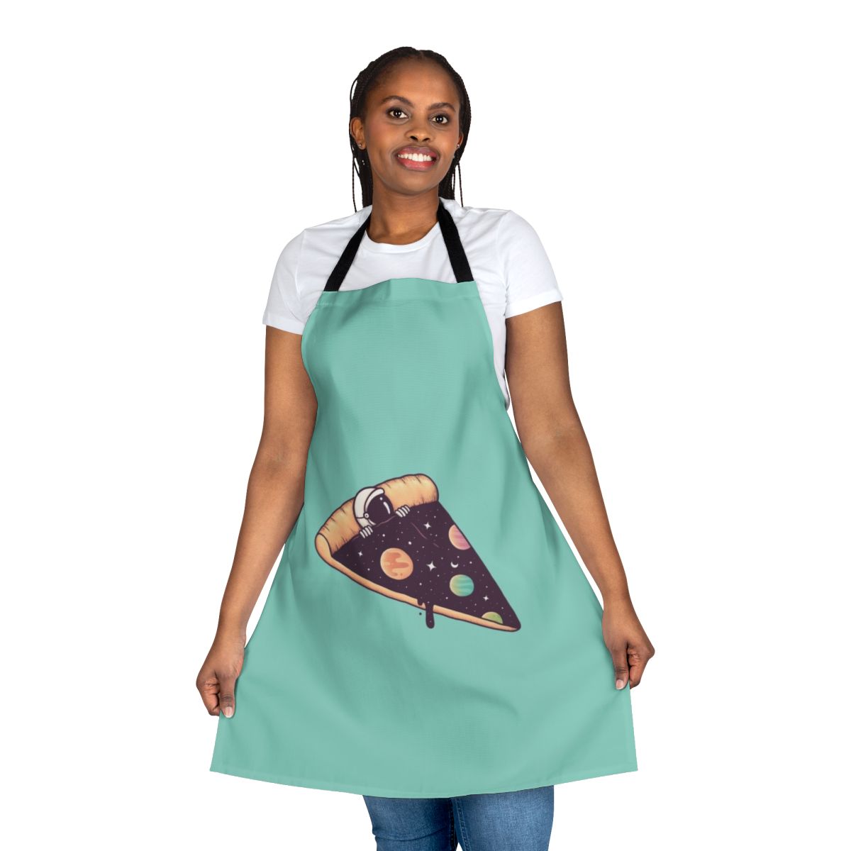 Astronaut-themed apron with planets, stars, and a surreal pizza design