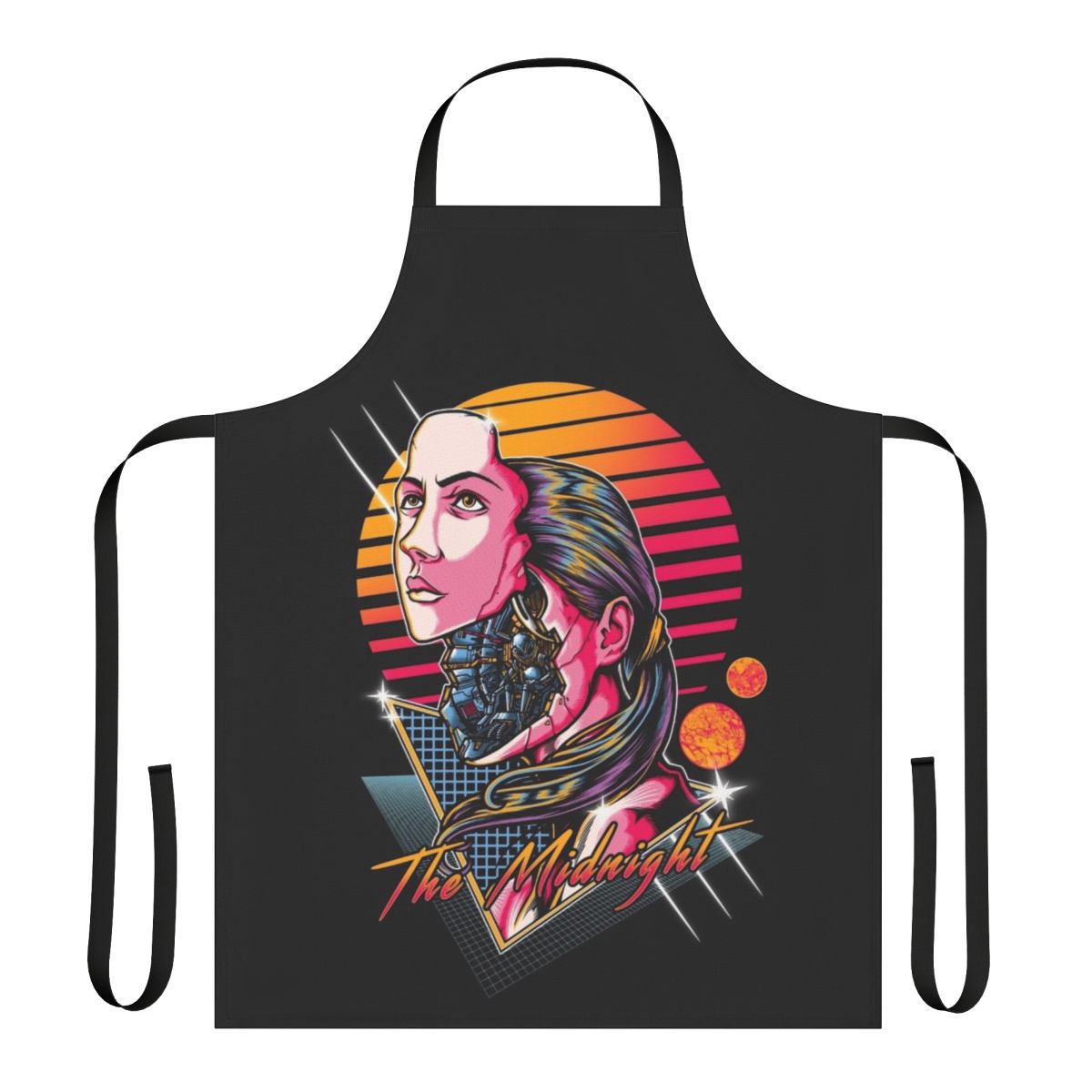 A stylish and futuristic sci-fi inspired apron featuring alien and cyberpunk design elements.