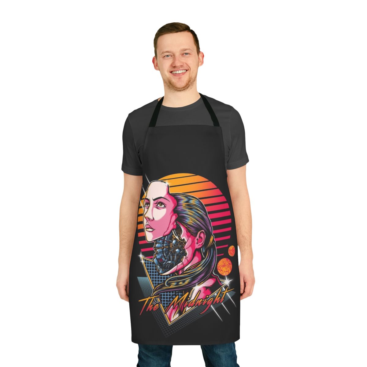 A stylish and futuristic sci-fi inspired apron featuring alien and cyberpunk design elements.