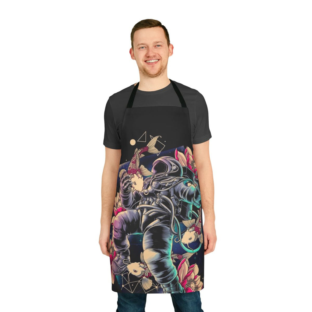 A deep space-themed apron featuring geometric patterns, astronauts, and cosmic elements.