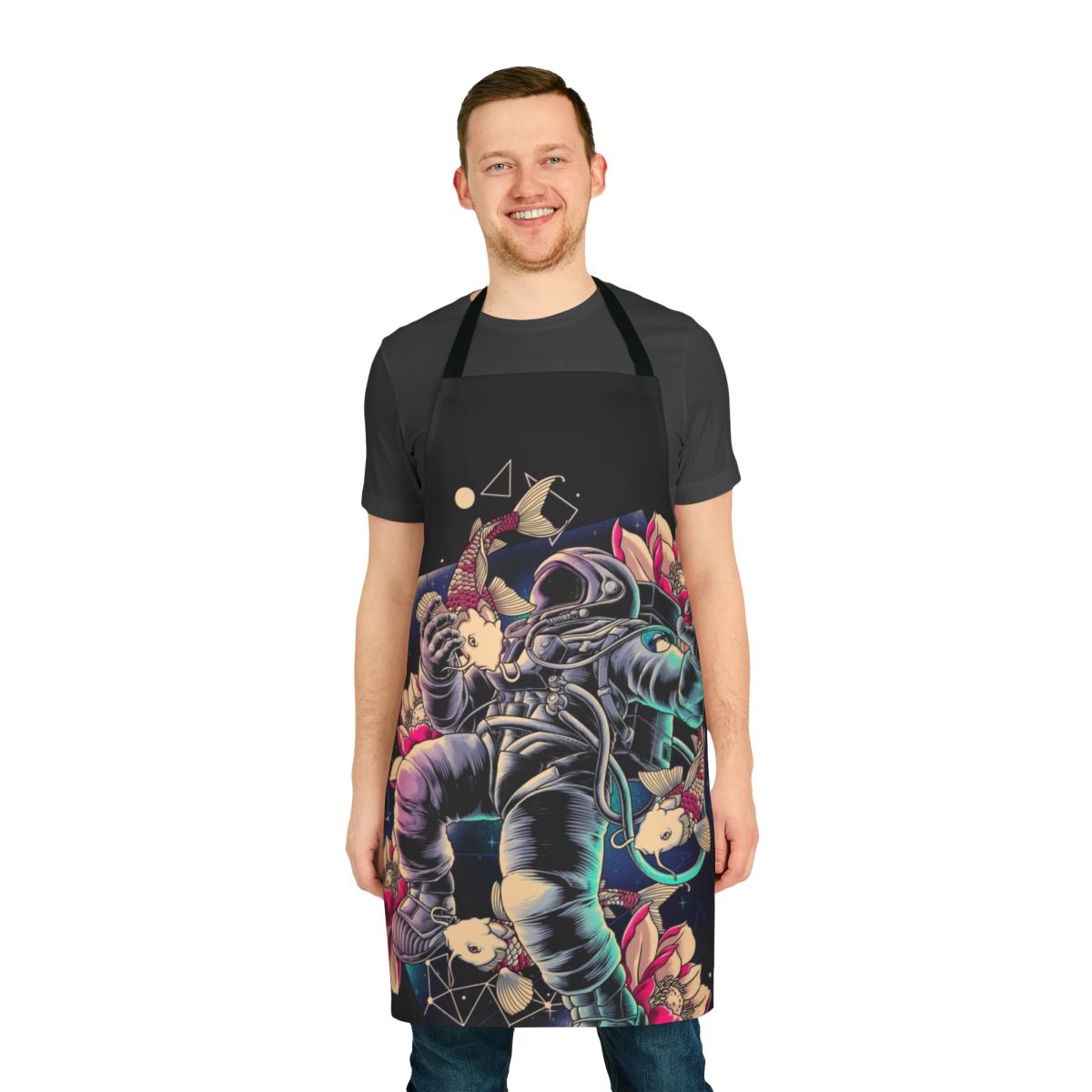 A deep space-themed apron featuring geometric patterns, astronauts, and cosmic elements.