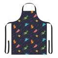 Whimsical apron featuring a pattern of dinosaurs floating in space against a starry galaxy backdrop