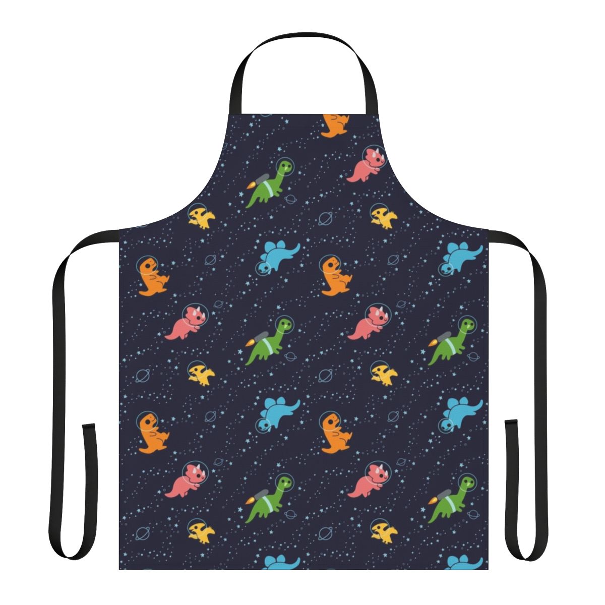 Whimsical apron featuring a pattern of dinosaurs floating in space against a starry galaxy backdrop