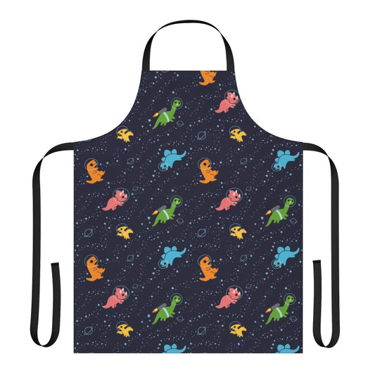 Whimsical apron featuring a pattern of dinosaurs floating in space against a starry galaxy backdrop