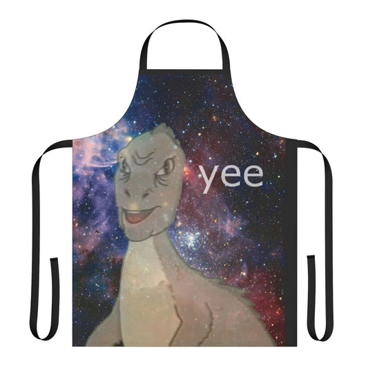 Colorful apron featuring a cosmic dinosaur design inspired by the popular "Yee" internet meme