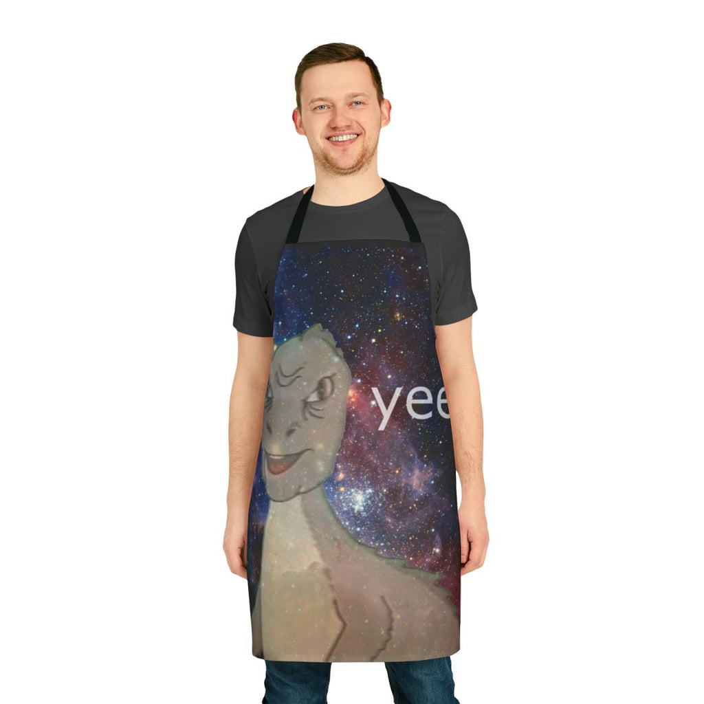 Colorful apron featuring a cosmic dinosaur design inspired by the popular "Yee" internet meme