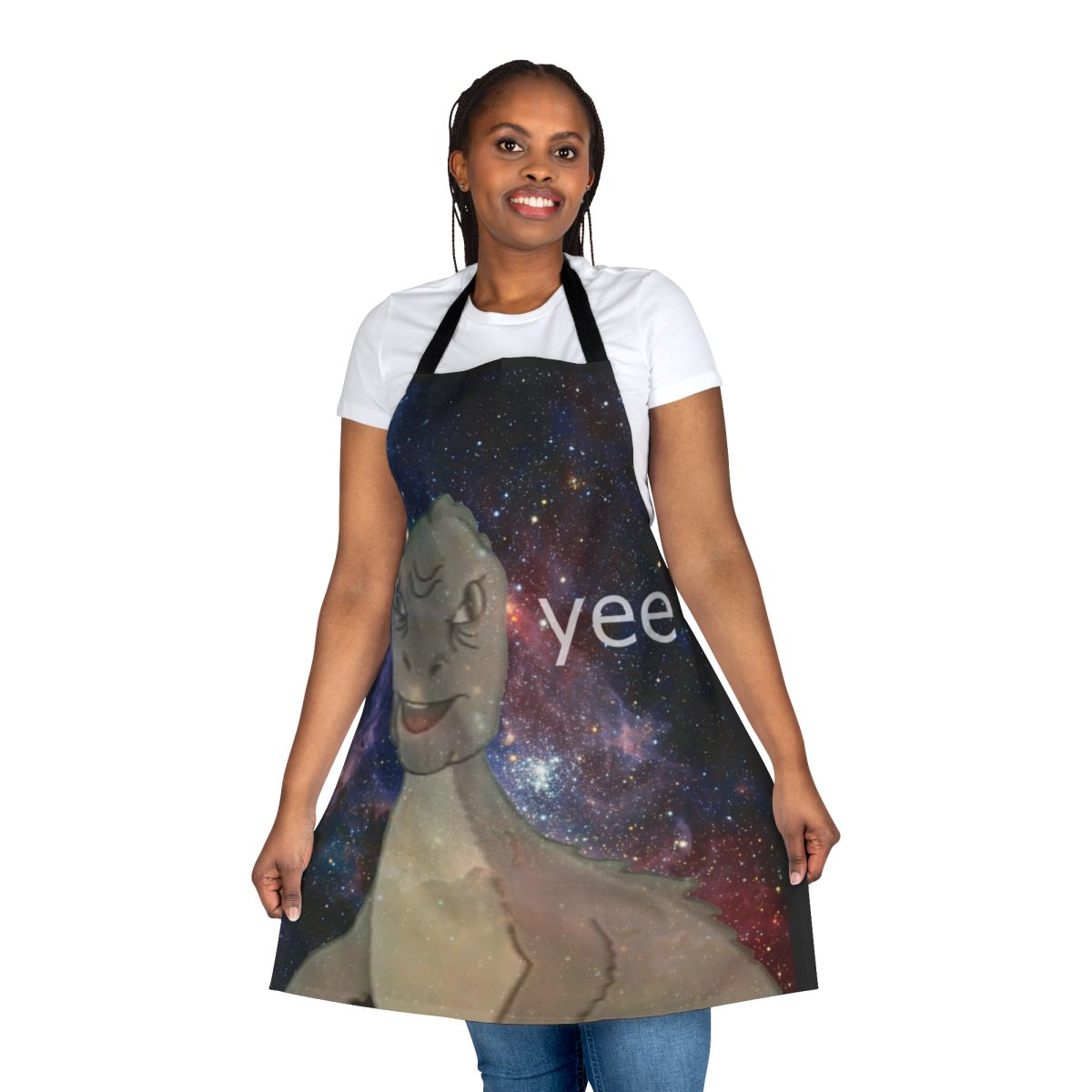 Colorful apron featuring a cosmic dinosaur design inspired by the popular "Yee" internet meme