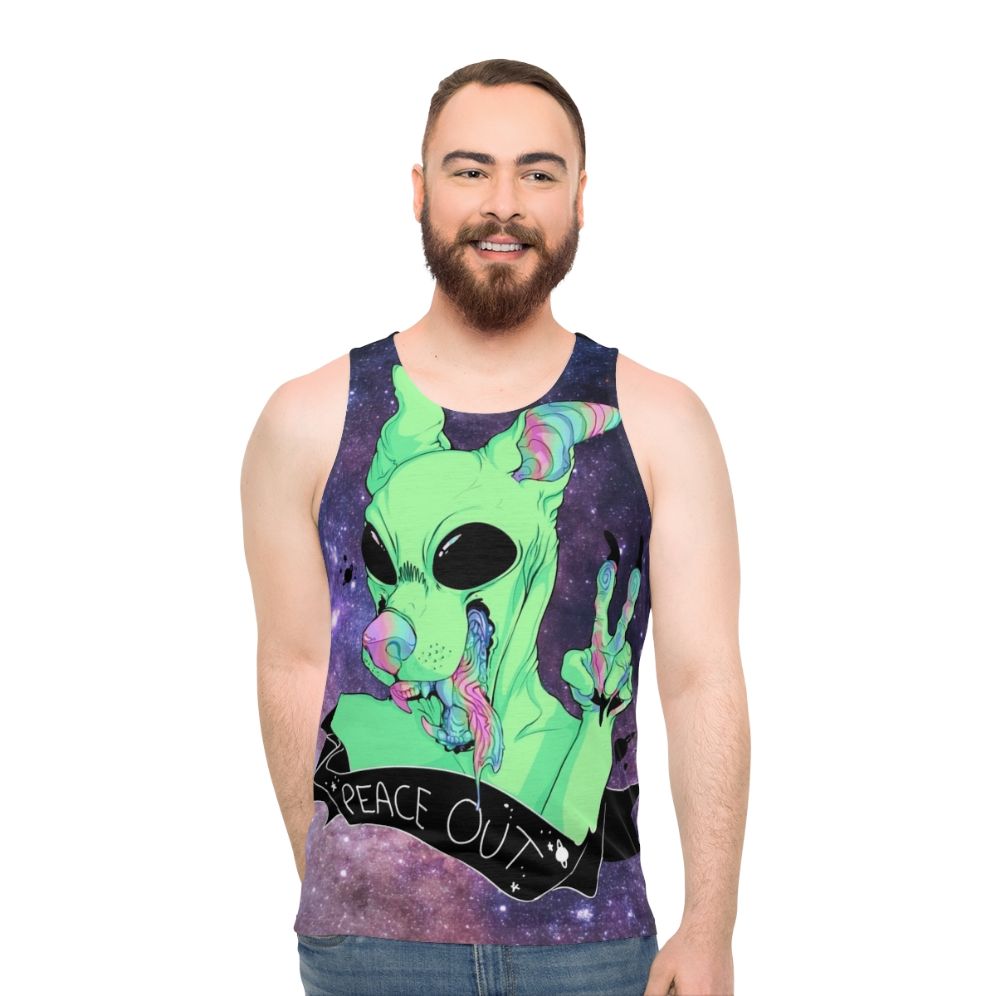 Unisex space-themed tank top with galaxy design and alien dog