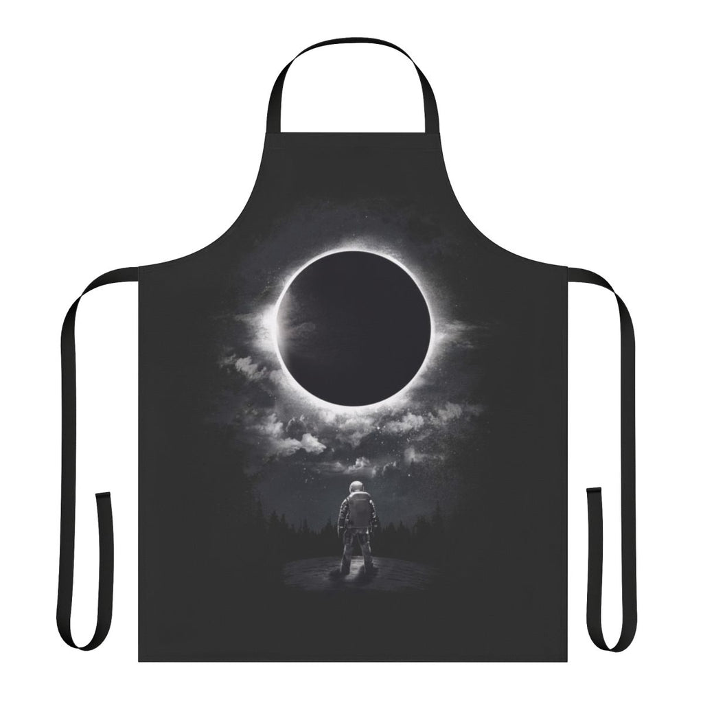 Cosmic Eclipse Apron featuring a dramatic black and white design with celestial elements like the moon, sun, and stars.