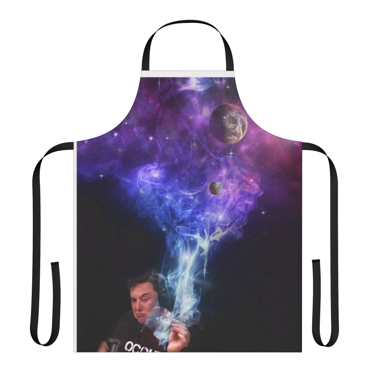 Elon Musk-inspired apron with a cosmic, outer space design and a humorous nod to cannabis culture