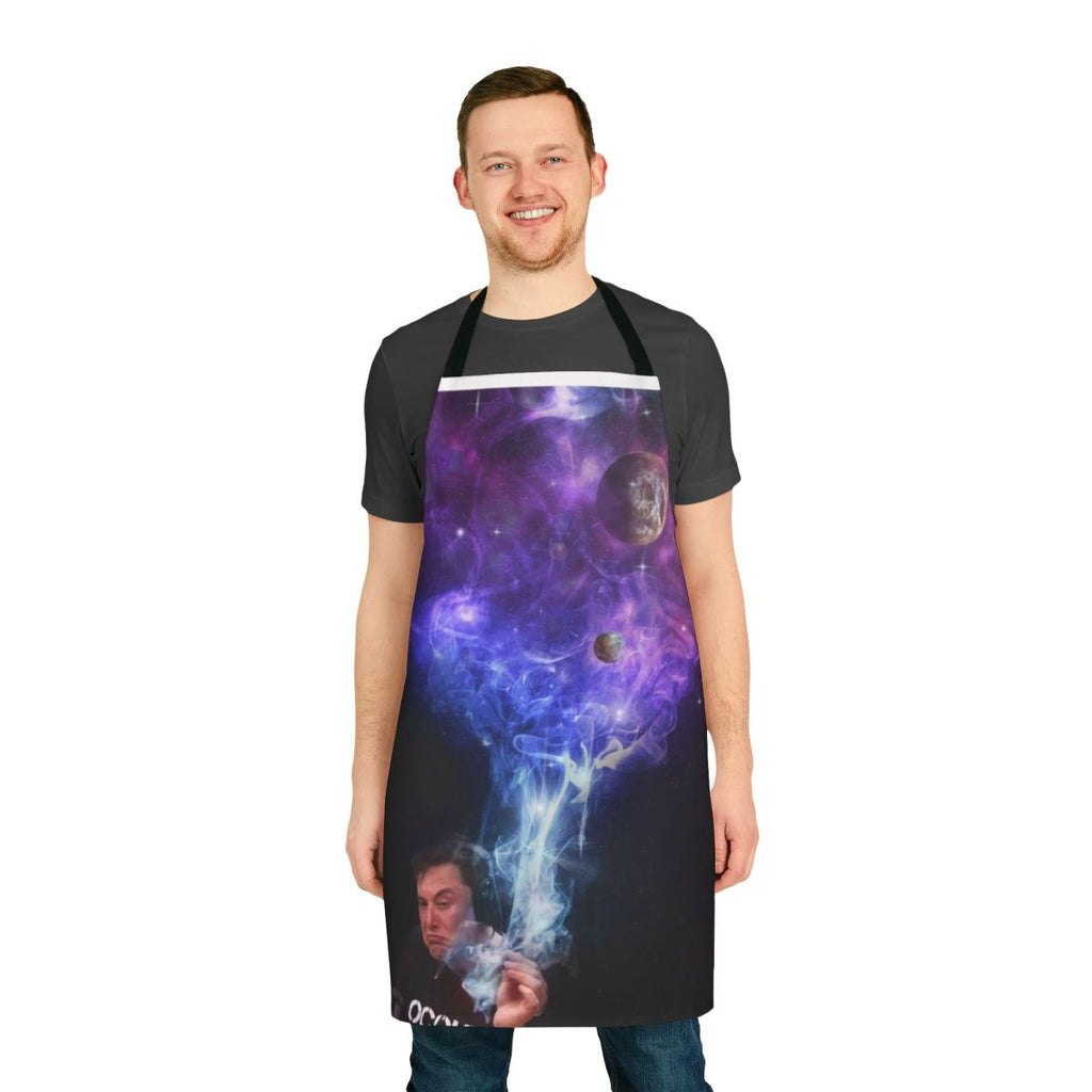 Elon Musk-inspired apron with a cosmic, outer space design and a humorous nod to cannabis culture