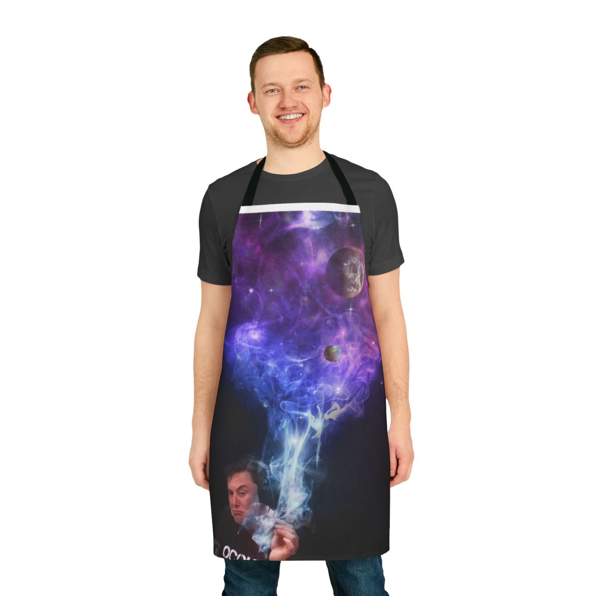 Elon Musk-inspired apron with a cosmic, outer space design and a humorous nod to cannabis culture