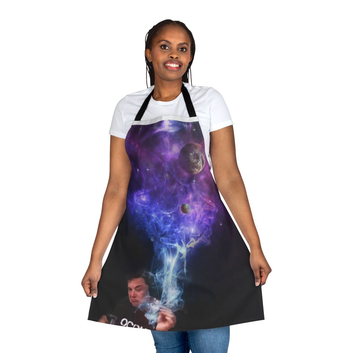 Elon Musk-inspired apron with a cosmic, outer space design and a humorous nod to cannabis culture