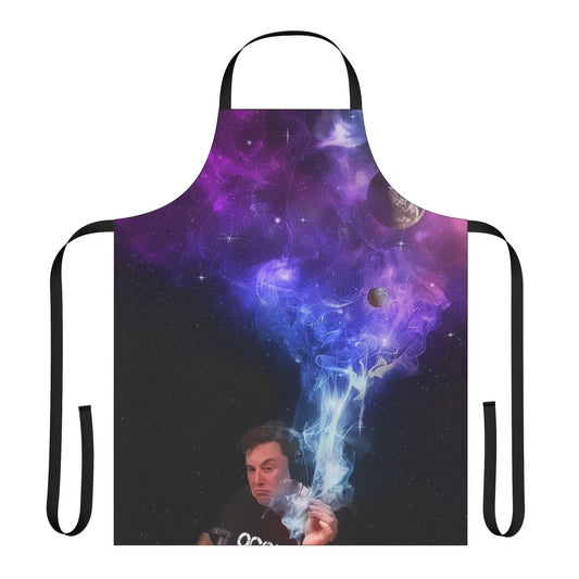 Elon Musk smoking in the universe, surrounded by stars and cosmic imagery, printed on an apron