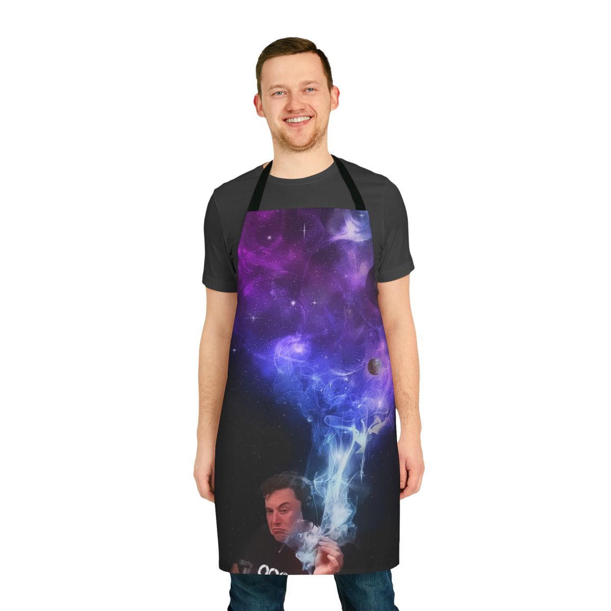 Elon Musk smoking in the universe, surrounded by stars and cosmic imagery, printed on an apron
