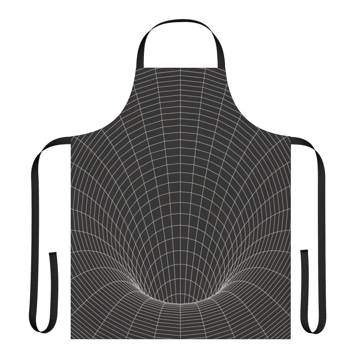 Stylish black and white apron with an abstract event horizon and cosmic design, perfect for science and space enthusiasts.