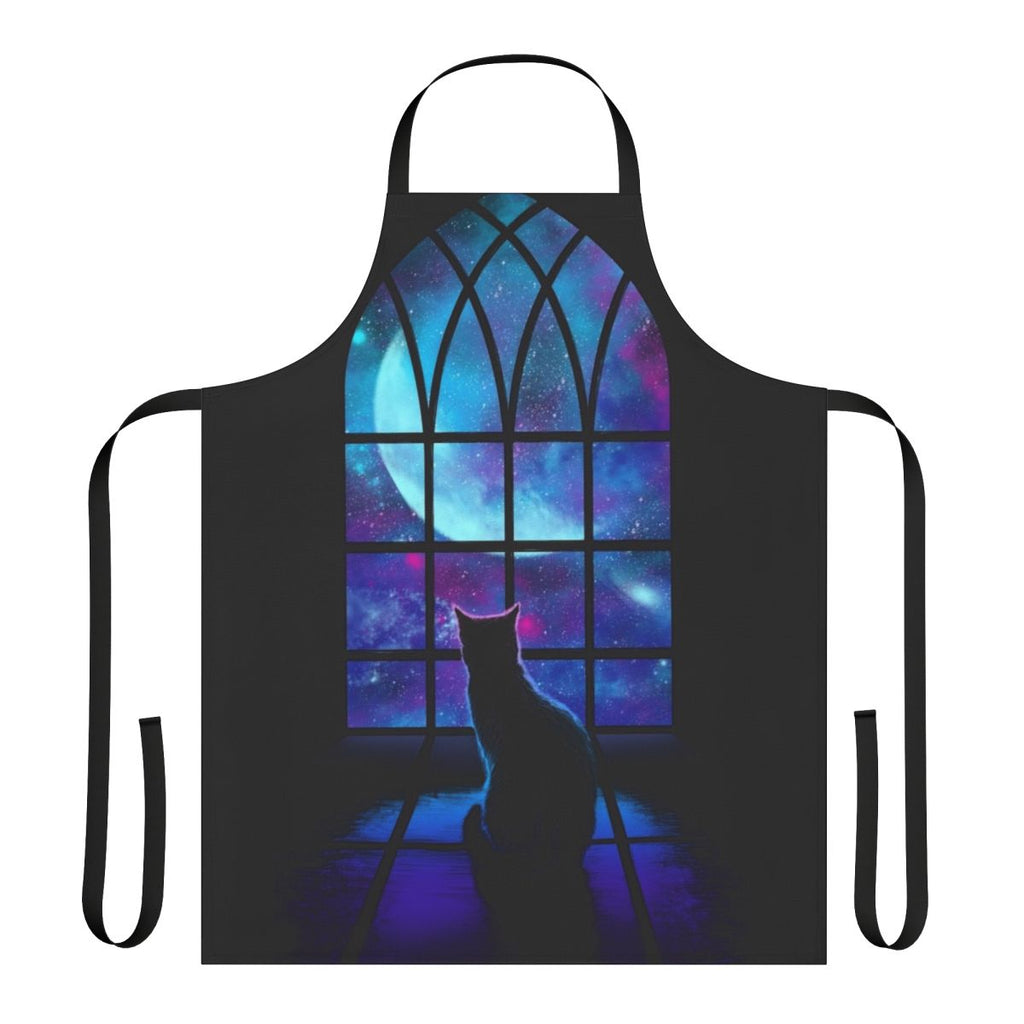 A stylish apron featuring a cat in a space-themed design with planets, stars, and the moon.