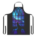 A stylish apron featuring a cat in a space-themed design with planets, stars, and the moon.