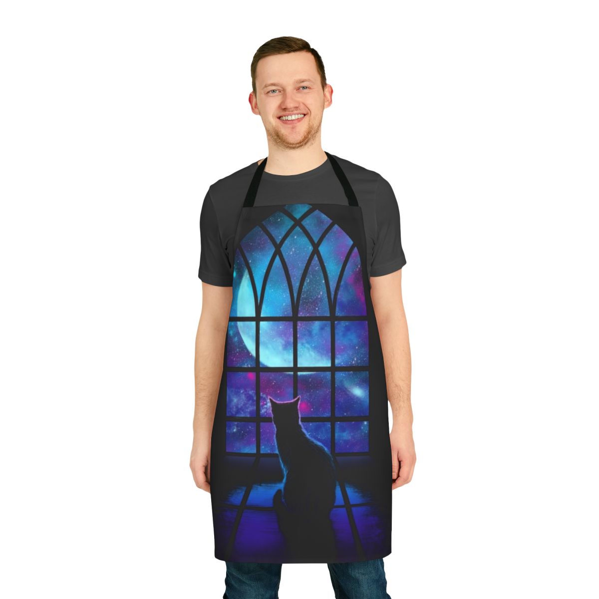A stylish apron featuring a cat in a space-themed design with planets, stars, and the moon.