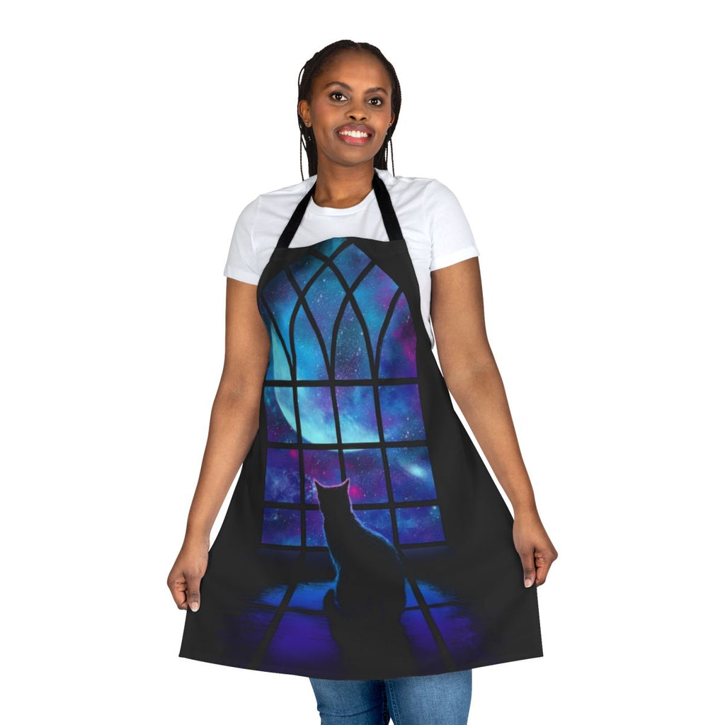 A stylish apron featuring a cat in a space-themed design with planets, stars, and the moon.
