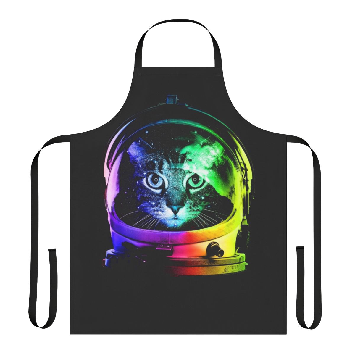 Apron featuring an astronaut cat in a galaxy with planets, stars, and the moon.