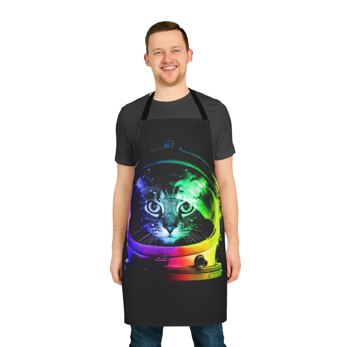 Apron featuring an astronaut cat in a galaxy with planets, stars, and the moon.