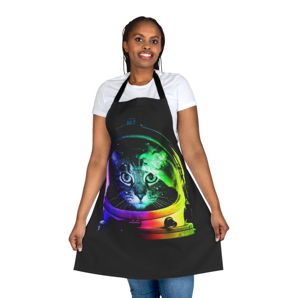 Apron featuring an astronaut cat in a galaxy with planets, stars, and the moon.