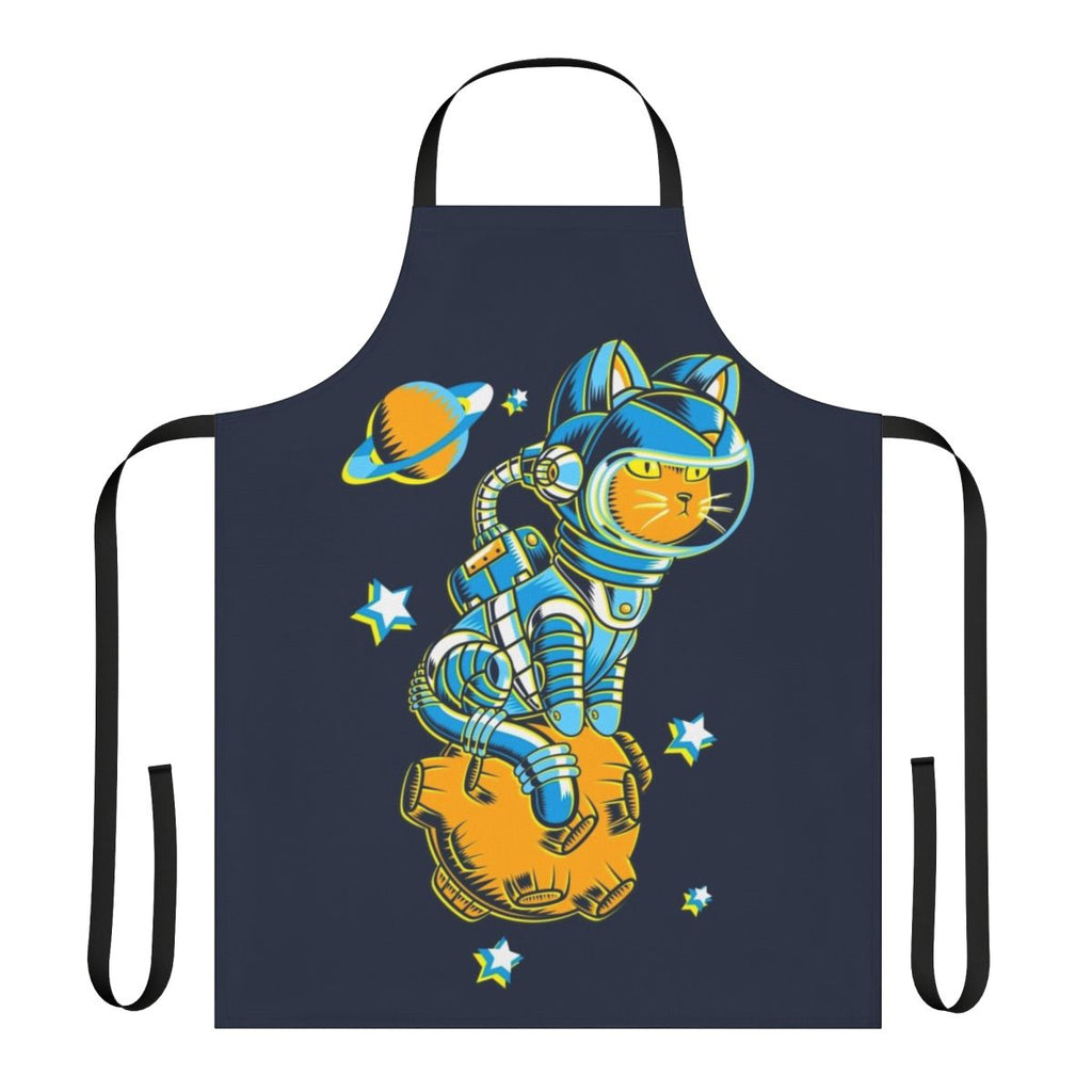 Colorful apron featuring a space-themed design with a cute cat floating among the stars and planets.