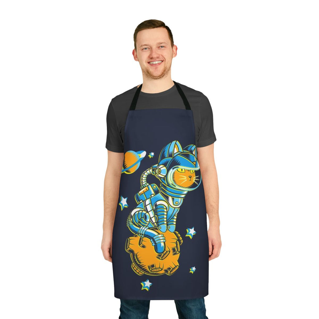 Colorful apron featuring a space-themed design with a cute cat floating among the stars and planets.