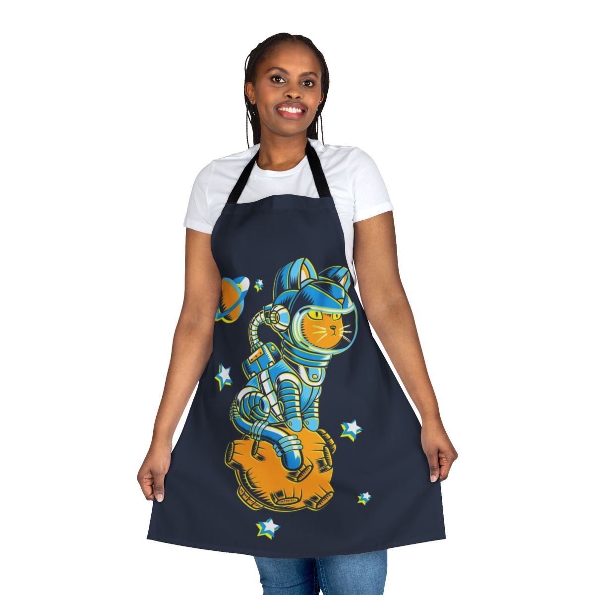 Colorful apron featuring a space-themed design with a cute cat floating among the stars and planets.